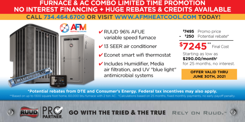 Spring 2021 Special: New Furnace + AC Combo. No interest financing. Limited Time Promotion.